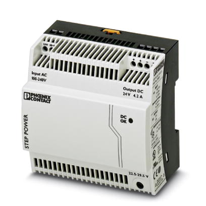 Phoenix Contact Switching Power Supply; STEP-PS/ 1AC/24DC/4.2; 24VDC OUT; 4.2A; 85-264VAC / 95-250VDC IN; Single Phase; DIN Rail Mount; Plastic